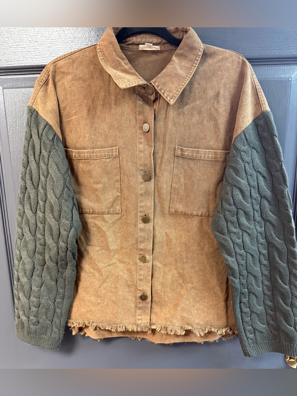 Hem & Thread Mixed Media Shacket with Olive Cable-Knit Sleeves